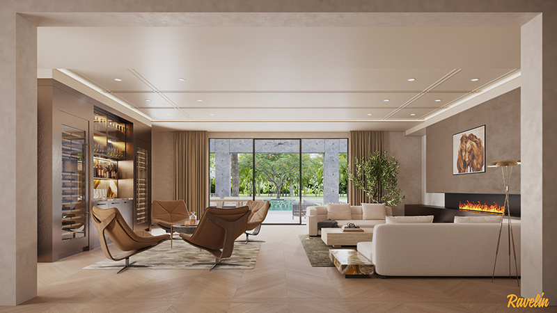 Photorealistic living room rendering with custom furniture