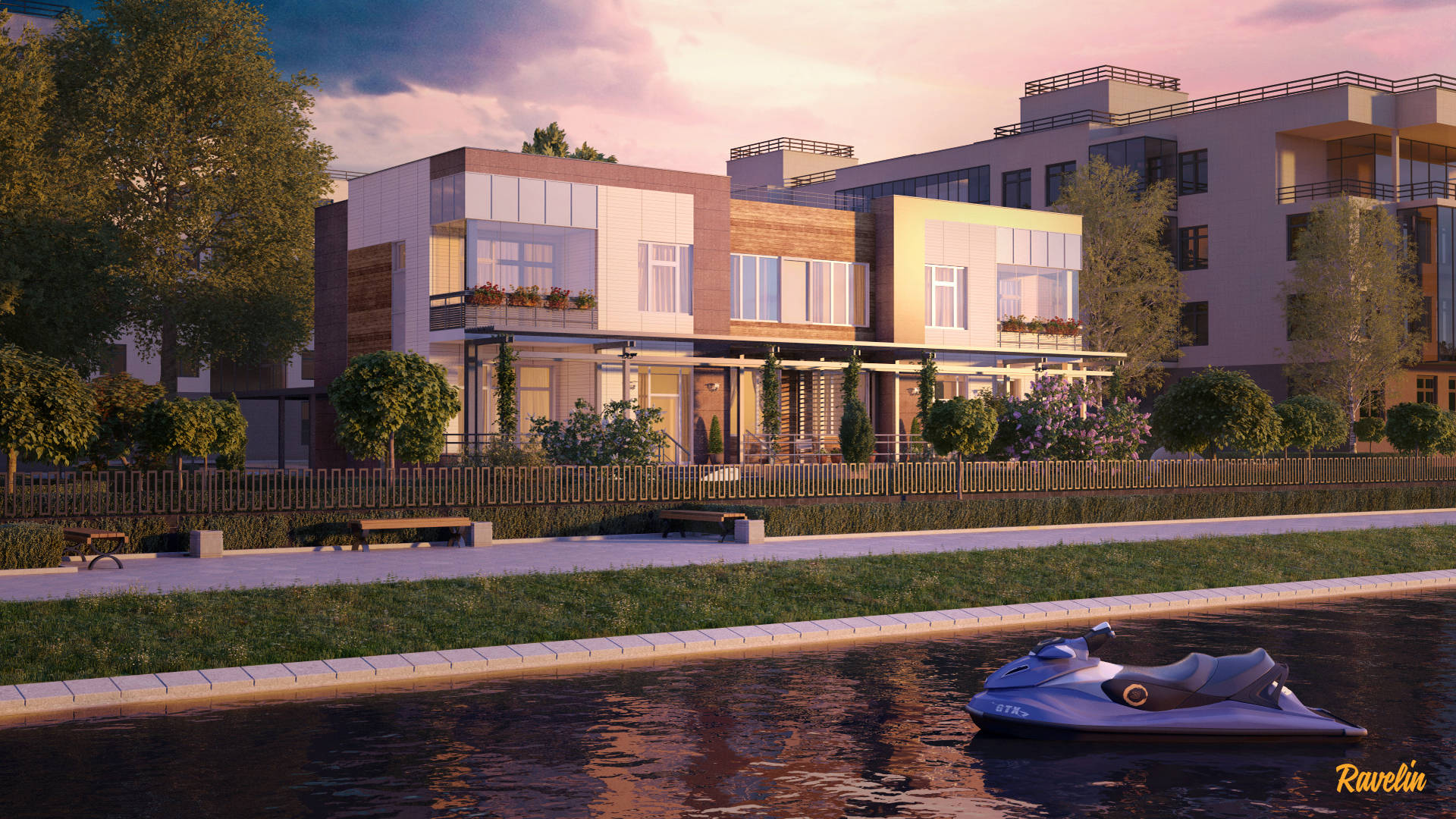 Photorealistic 3D rendering of a modern residential building at sunset